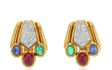 David Webb 18K Yellow Gold Diamond Emerald Sapphire and Green Earrings