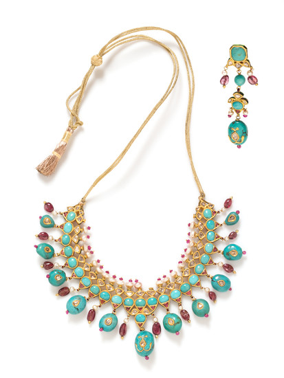 Diamond, Ruby, Turquoise, Cultured Pearl and Polychrome Enamel Demi-Parure