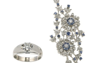 Diamond ring and diamond and sapphire brooch