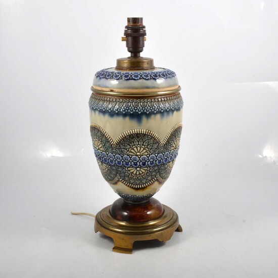 Doulton Lambeth-type stoneware oil lamp, converted to electricity.