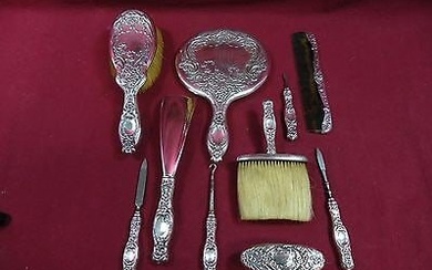 Dresden by Whiting Sterling Silver Vanity Dresser Set Dated 1895 10Pc Xmas Gift