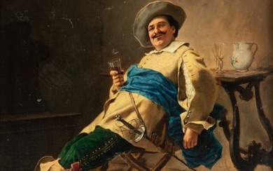 E Berghim Oil on Mahogany Panel, Ca. 1895, "Cavalier Drinking Wine"