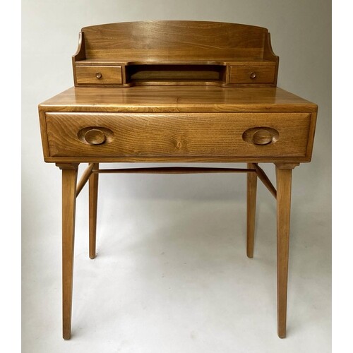 ERCOL WRITING TABLE, 1970's Ercol solid elm with superstruct...