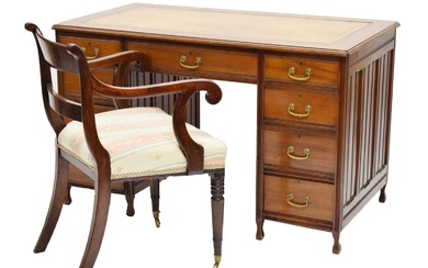 Early 20th century mahogany twin pedestal desk with associated chair