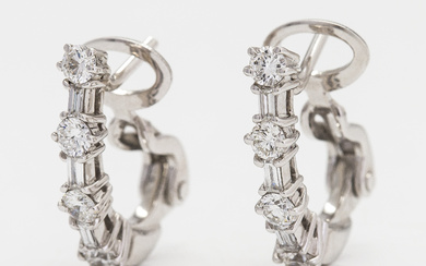 Earrings, 18K white gold, baguette and brilliant-cut diamonds totaling approximately 0.79 ct. Lanza Carlo, Italy.