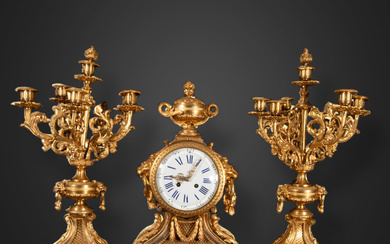 Elegant and Large French Garrison with Table Clock and Candlesticks...