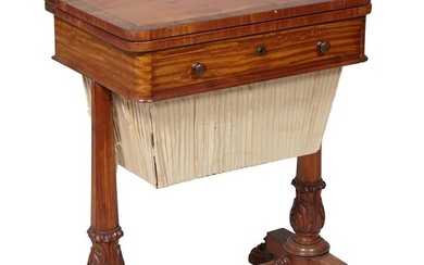 English Regency Carved Satinwood Worktable, early 19th c., the banded swiveling fold over top