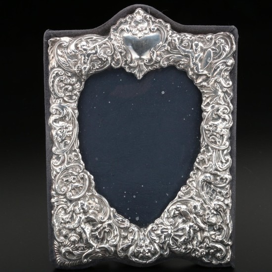 English Sterling Silver Heart Shape Repoussé Frame, 1987