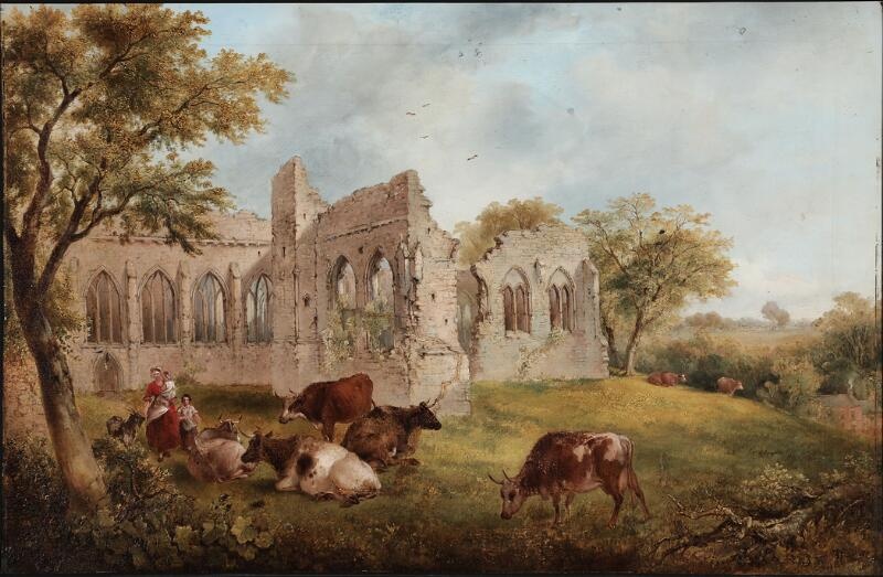 English school, mid 19th century Grazing cattle near ruins. Indistinctly signed. Dated...