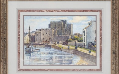 English school painting, "Castle at Welsh fishing harbor, 1920"