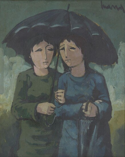 European School, mid-20th century- Two figures under an umbrella; gouache on paper, indistinctly signed, 21x17cm: together with another gouache by the same artist depicting a reclining woman, signed indistinctly, 19 x 26 cm (2)