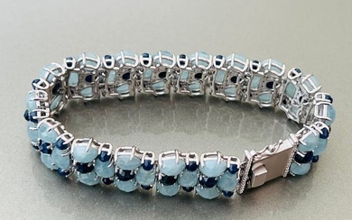 Faceted Aquamarine and Sapphire Sterling Silver Bracelet