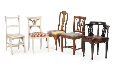 Five Danish 18th/19th century chairs. Consisting of a painted folding chair, a...