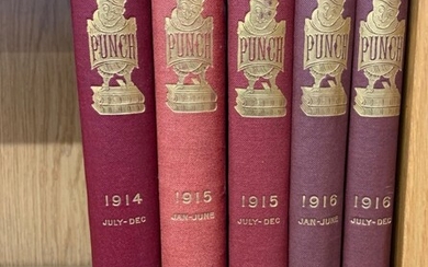 Five WWI red cloth bound volumes of Punch July 1914 - Dec 1916.