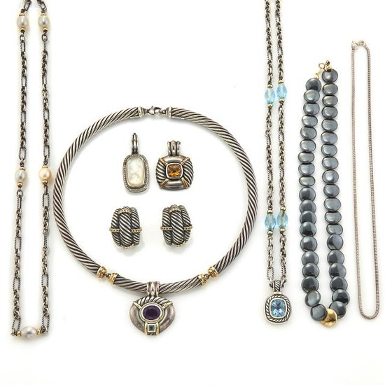 Four Sterling Silver and Gold Necklaces, Pendant and Pair of Earrings, David Yurman, and Hematite Bead Necklace