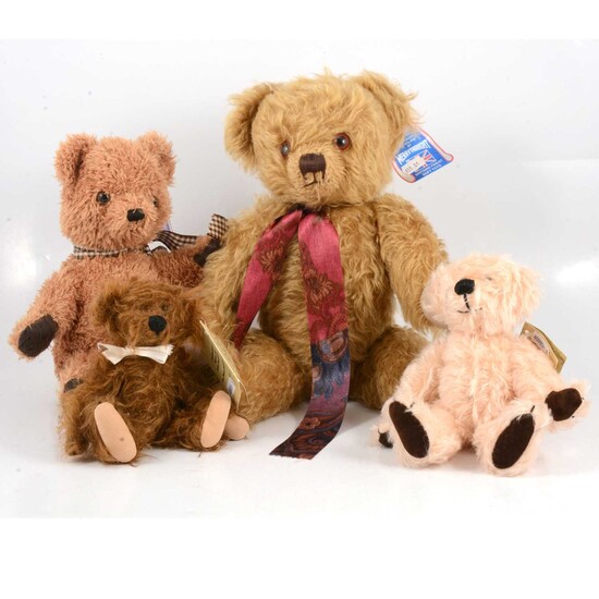 Four teddy bears, including Merrythought long haired bear, signed Oliver Holmes