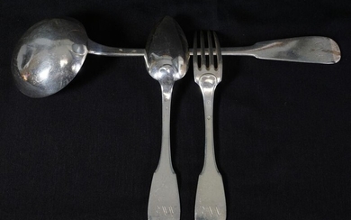 Fourteen XIXth century silver cutlery with 925 thousandths "E.W." numbers; four additional spoons and a ladle. Weight of the set 2650 g.