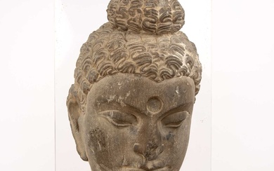Fragmentary grey carved schist head of Buddha Indian, ancient region...
