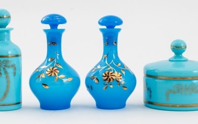 French Blue Opaline Milk Glass Bottles & Box, 4