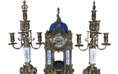 French Marti Christofle quality silver bronze clock set