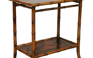 French bamboo tiered side tables with marquetry tops