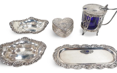 GROUP OF AMERICAN SILVER SMALL TABLE ITEMS AND AN ENGLISH SILVER ARTS AND CRAFTS MUSTARD POT