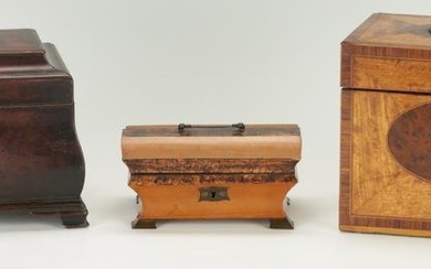 Georgian Bombe Tea Caddy, French & Regency Inlaid Boxes, 3 pcs.