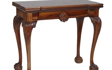Georgian Style Mahogany Carved Games Table, 20th c., Closed- H.- 29 1/2 in., W.- 34 in., D.- 17 in.