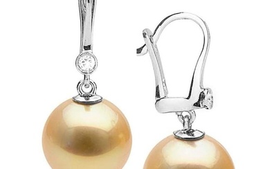 Golden South Sea Pearl and Diamond Bezel Dangle Earrings
