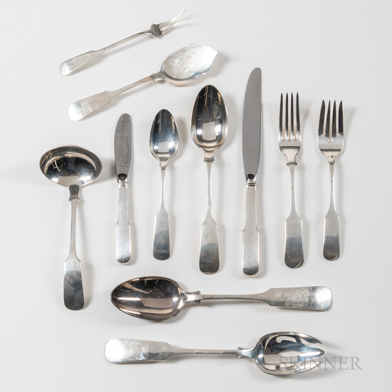 Gorham Fiddle Pattern Sterling Silver Flatware Service with Serving Pieces