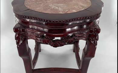 Hand Carved Wooden Chinese Marble Top Hall Console Table Pedistal, foot stool