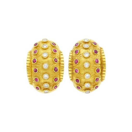 Ilias Lalaounis Pair of Gold, Ruby and Diamond Bombé Earclips