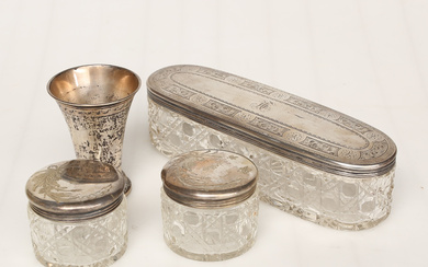 JARS AND BOWL with silver/nickel silver lid and prize trophy Silver weight 123,5 grams.