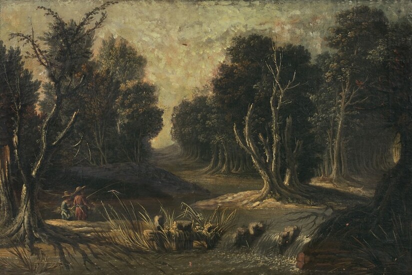 Jacques-Charles OUDRY Paris, 1720 - Lausanne, 1778 Cerf hallali dans un paysage de rivière et Pêcheurs au bord d'une pièce d'eau