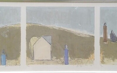 SOLD. Johannes Hofmeister: Figures in landscape. Signed and no 131/150. Lithographs in colours. Triptychon -...