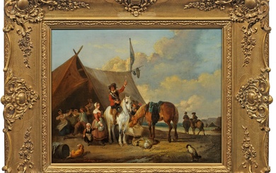 Joseph Jacops (1808 Anvers - 1856 ibidem) Cavaliers au repos près d'une tente avec une...