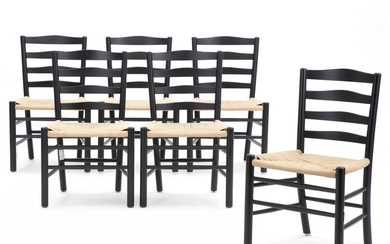 Kaare Klint “The Church Chair”. Set of six black-lacquered wood dining chairs....