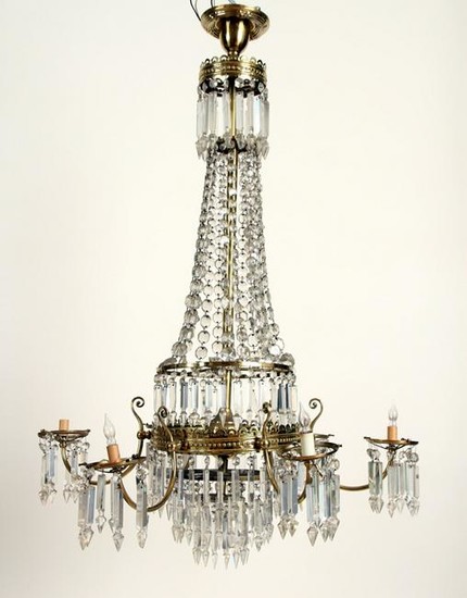 LATE VICTORIAN BRASS CRYSTAL SIX ARM CHANDELIER