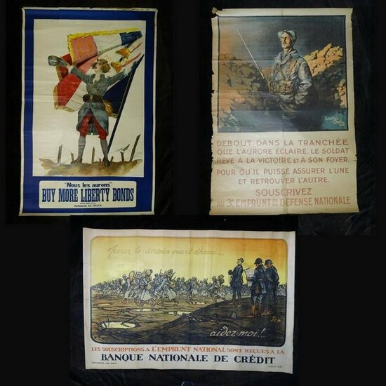 LOT/3 WWI LIBERTY BONDS & FRANCE LITHOGRAPH POSTERS 47" X 30" OVERALL
