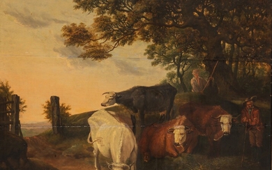 Landscape with shepherd and his cattle, 18thC, Dutch, oil on oak, 71 x 87 cm...