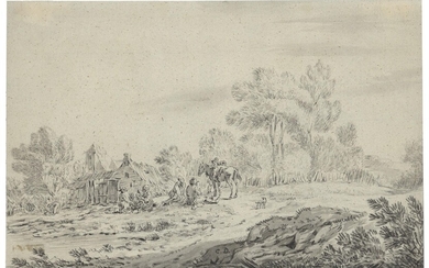 Landschaft mit einem Gehöft und Bauernfamilie bei einem Reiter.