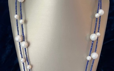 Lapis Lazuli Faceted Bead and White Freshwater Pearl Necklace