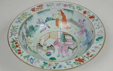 Large deep basin in polychrome porcelain of China...
