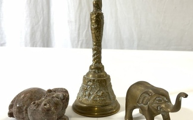 Lot 3 Gilt Metal Bell Elephant & Stone Hippo, Bell