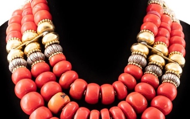 MASHA ARCHER BEADED COLLAR NECKLACE W/ CORAL