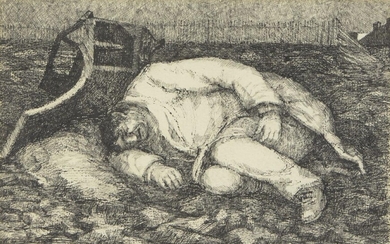 Mary Fitzpayne, British b.1928 - Asleep amongst the rubbish; ink on paper, with label on the reverse of the frame inscribed 'Tramps & meths drinkers / Asleep amongst the rubbish 32', 17.5 x 27.6 cm: together with 2 other works by the same artist of...