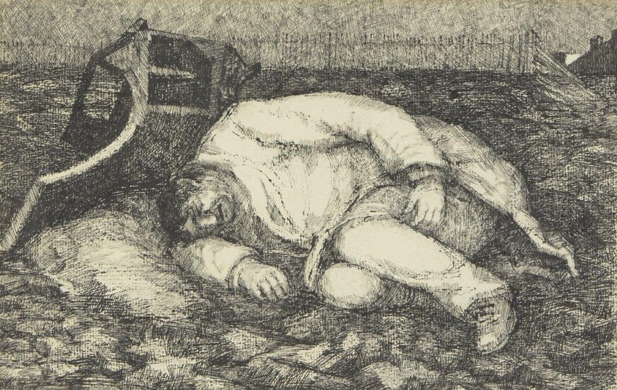 Mary Fitzpayne, British b.1928 - Asleep amongst the rubbish; ink on paper, with label on the reverse of the frame inscribed 'Tramps & meths drinkers / Asleep amongst the rubbish 32', 17.5 x 27.6 cm: together with 2 other works by the same artist of...