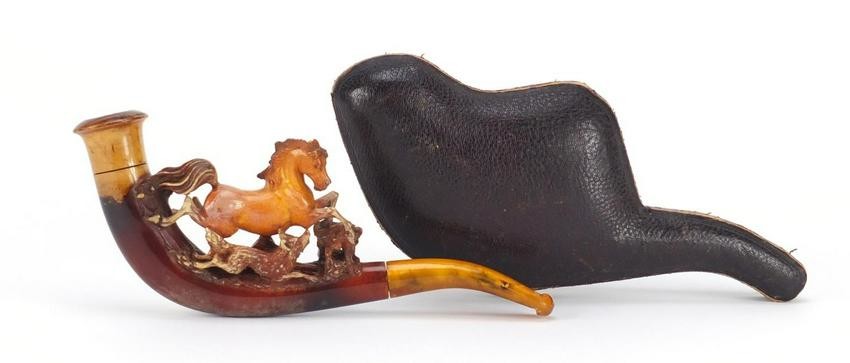 Meerschaum pipe carved with a horse and fox, housed in