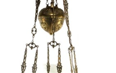 (-), Richly decorated brass hanging oil lamp with...