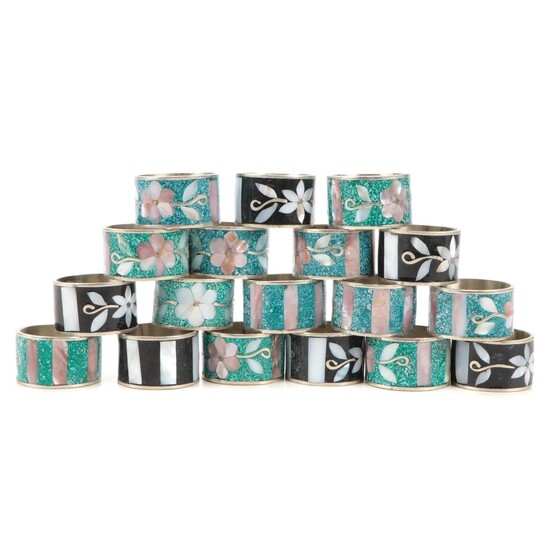 Mexican Stone, MOP and Shell Inlaid Floral Motif Silver Plate Napkin Rings